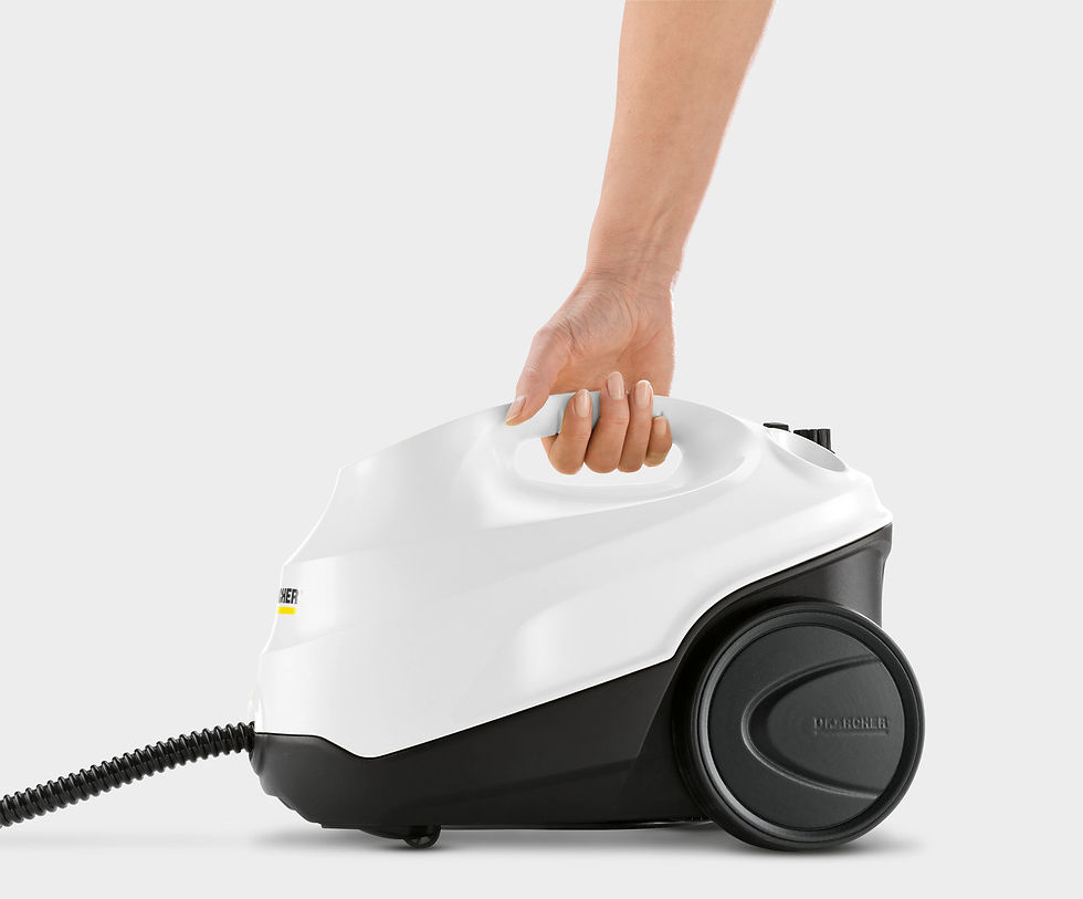 Thumbnail: A hand holding a Kärcher Garment Steamer, white and black design, ready to use.