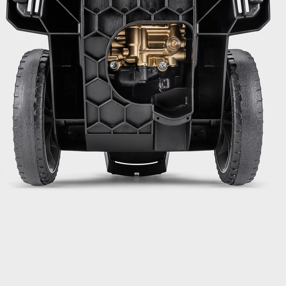 Thumbnail: Black and gold pressure washer, bottom view, with two wheels.