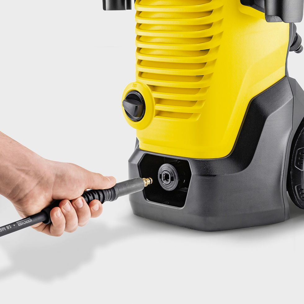 Thumbnail: Man connects hose to yellow Kärcher pressure washer for cleaning tasks.