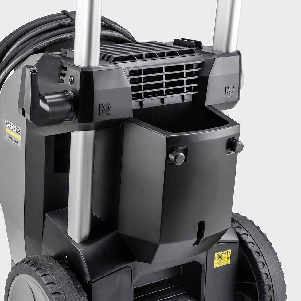 Thumbnail: Close-up of a pressure washer with black and gray details. Kärcher Garment Steamer.