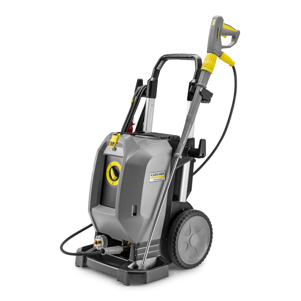 Gray and yellow Kärcher pressure washer on white background, FocusShop.
