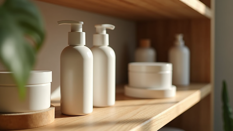Close-up view of organic hair care products arranged on a wooden shelf
