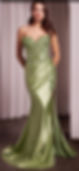 A light sage or lime green satin formal gown with a high thigh slit. The skirt features dramatic ruching and the bodice is in
