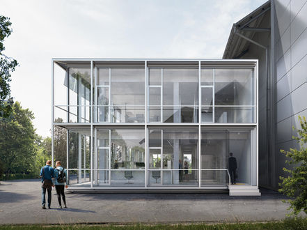 Detaillierte Architekturvisualisierung des Eingangs zum Laborgebäude Calcit von Bevk Perović Arhitekti. Das Rendering zeigt die moderne Stahl-Glas-Konstruktion im Kontrast zur bestehenden Industriearchitektur. Fokus auf Transparenz, natürliche Belichtung und die minimalistische Treppenhaussituation.