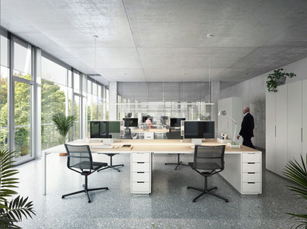 Fotorealistisches Innenraum-Rendering eines modernen Laborbüros im Projekt Calcit. Helle Arbeitsplätze mit Sichtbetondecken, Terrazzoboden und raumhohen Fenstern, die den Blick ins Grüne freigeben. Hochwertige 3D-Visualisierung für New-Work-Konzepte in Industriegebäuden.