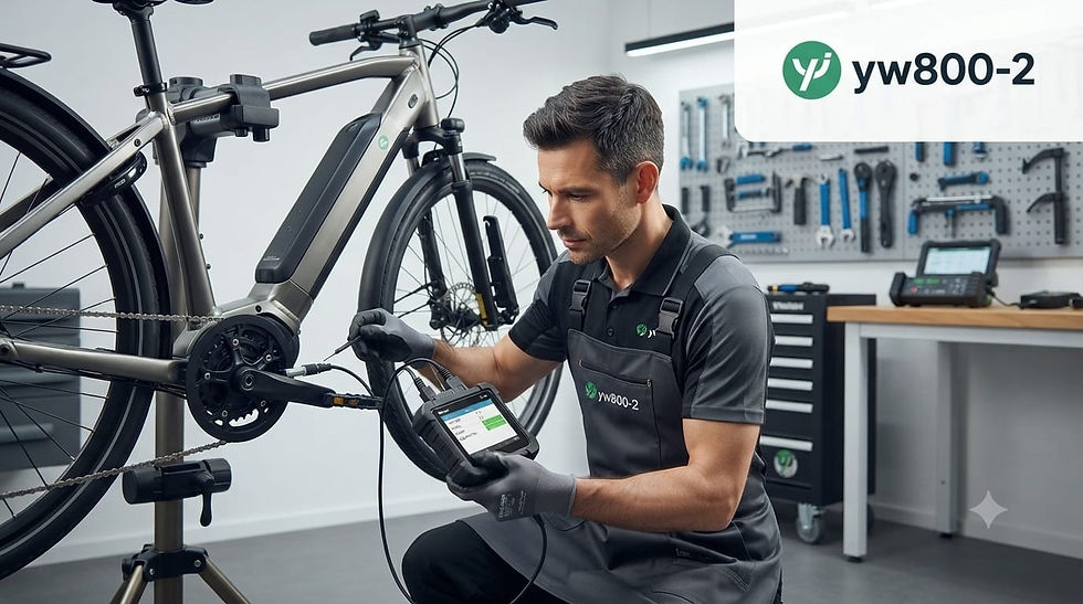 A technician at TYCENTRE VEHICLES using a digital diagnostic tool to test sensor connectivity on a premium electric bike.