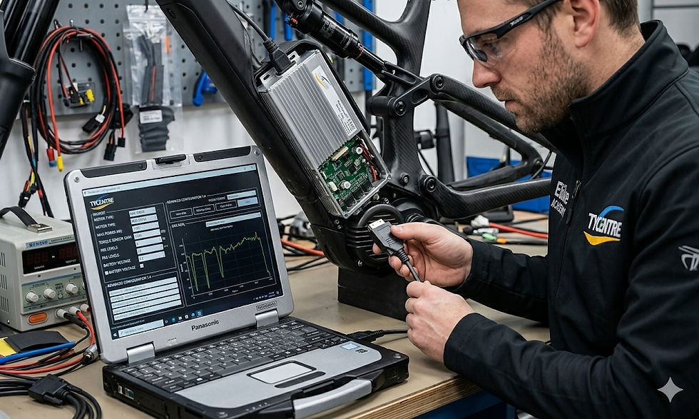 A professional rider connecting a laptop via a USB programming cable to an open-frame ebike controller, with configuration software open on the screen