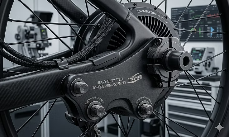 A close-up view of a heavy-duty steel torque arm securely bolted to the rear dropout of an electric bike, locking the motor axle in place.