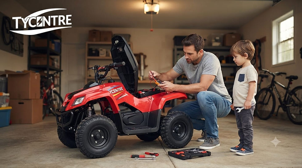 Parent performing a 5-minute troubleshooting check on a Tycentre electric kids ATV quad bike.