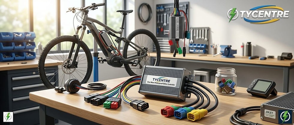 Waterproof sine wave ebike controller with JULET wiring harness connectors by Tycentre Vehicles