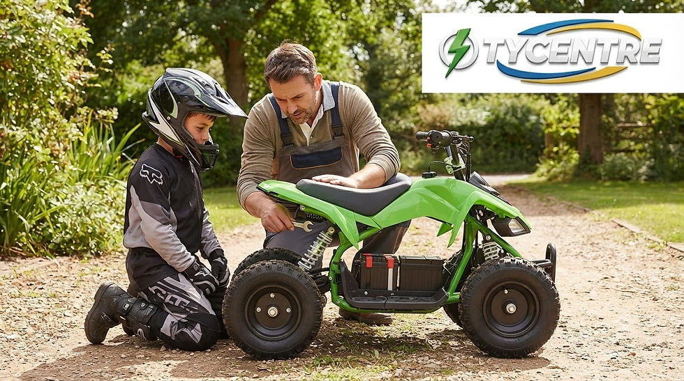 A father helping his young child adjust the rear shock absorber on a kids electric ATV.