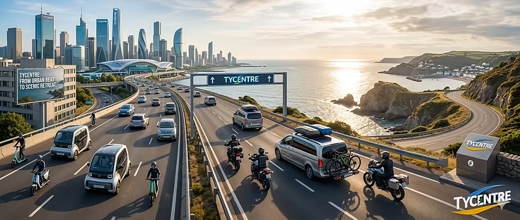  A panoramic shot of TYCENTRE electric vehicles on a coastal road, illustrating the transition from city commuting to light touring