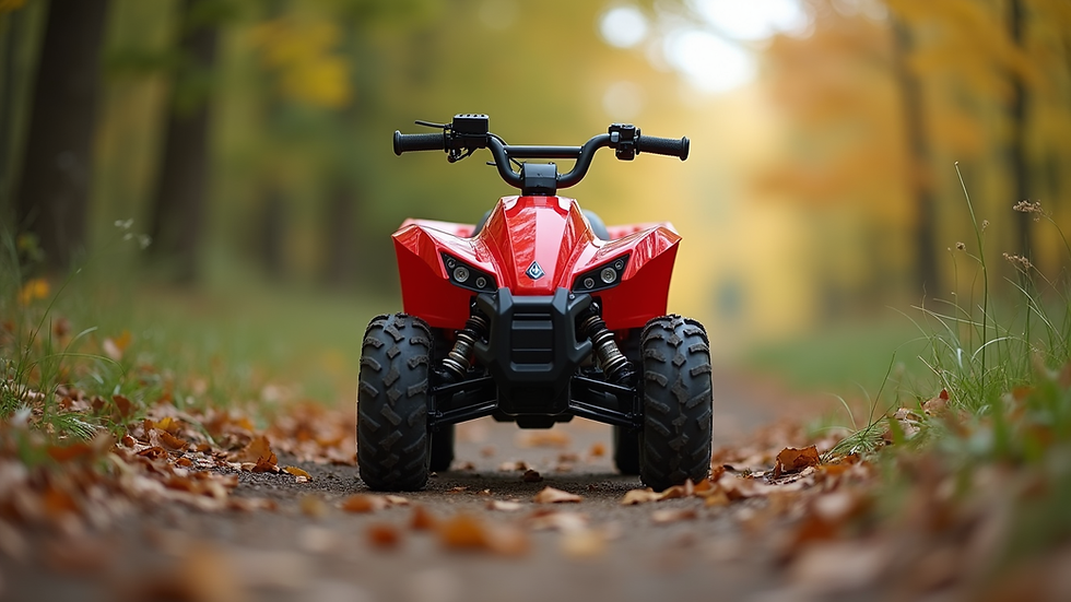 Eye-level view of a red kids electric ATV parked on a dirt trail