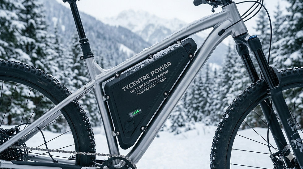 A close-up of an ebike battery fitted with a protective thermal neoprene cover in a snowy, winter riding environment