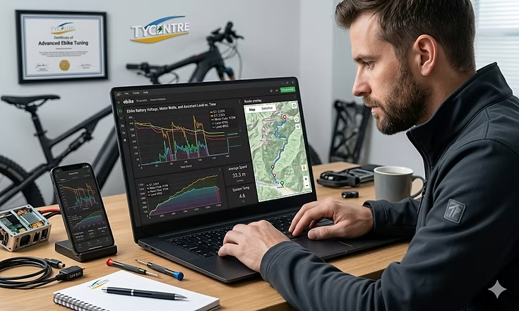 An enthusiast at a desk analyzing data graphs and route overlays on a laptop computer, with an open diagnostic software interface for electric vehicles.