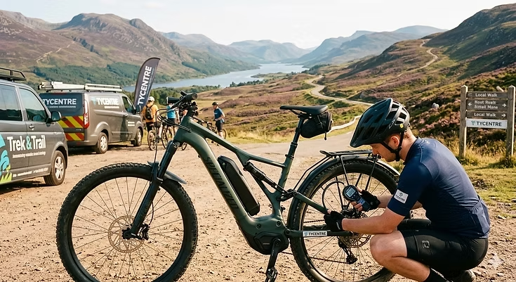 A rider performing a comprehensive pre-ride check on an ebike, focusing on tire pressure and battery connection before a scenic trip