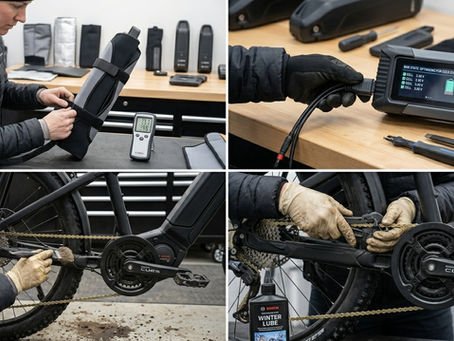 A professional rider preparing an ebike for winter, demonstrating battery insulation and drivetrain lubrication techniques.