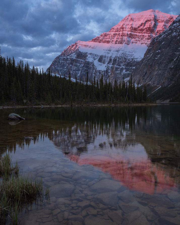 Snowy mountain reflecting in lake, trees, Jasper National Park, Devin Shaw Photography. devinshots