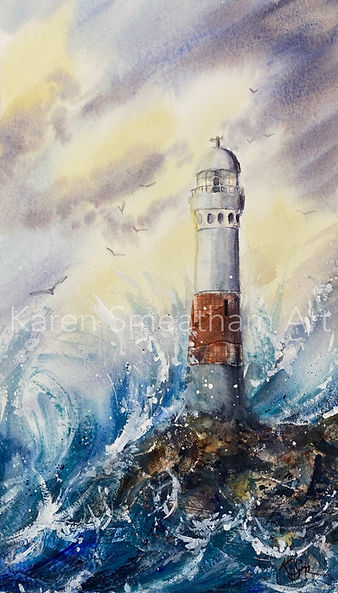 Karen Smeatham mixed media painting of a lighthouse Pharos in crashing seas.