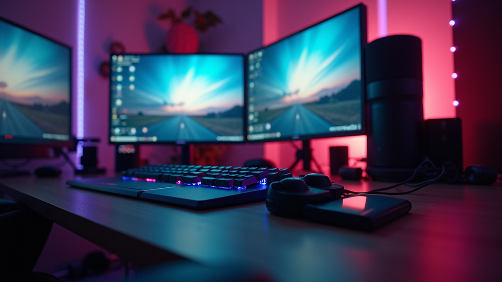 Eye-level view of a gaming setup with dual monitors and streaming equipment