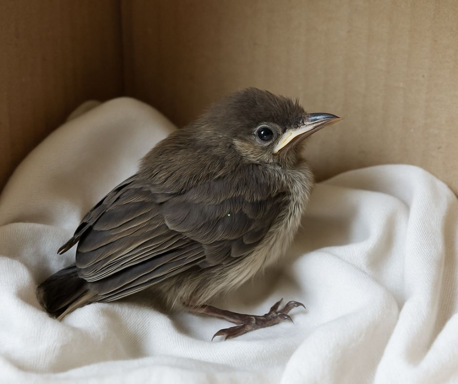 Rescued bulbul resting in a soft cloth-lined cardboard box