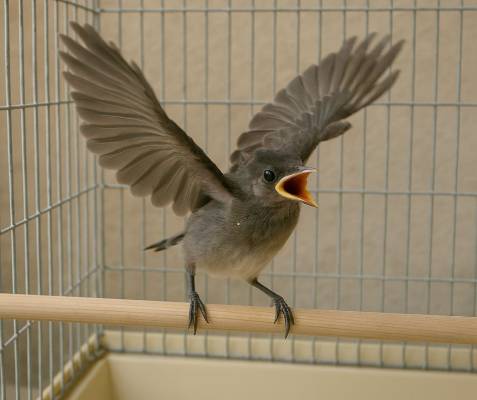 Rescued bulbul chick practicing wing flapping on a perch inside a cage