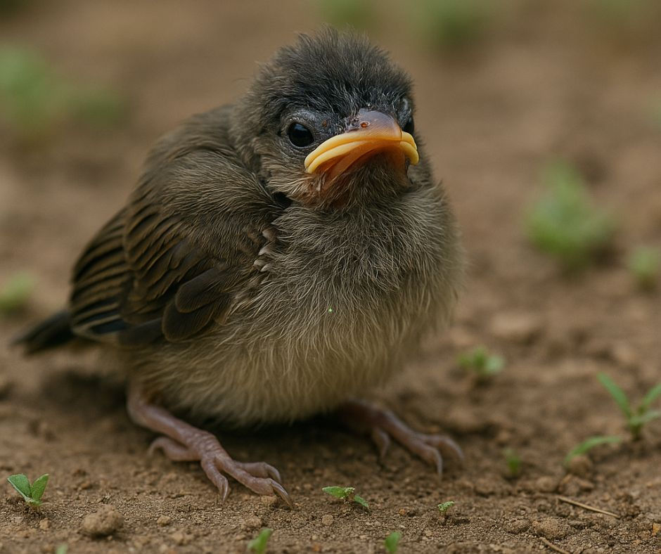 Young bulbul fledgling with fluffy feathers hopping on grass