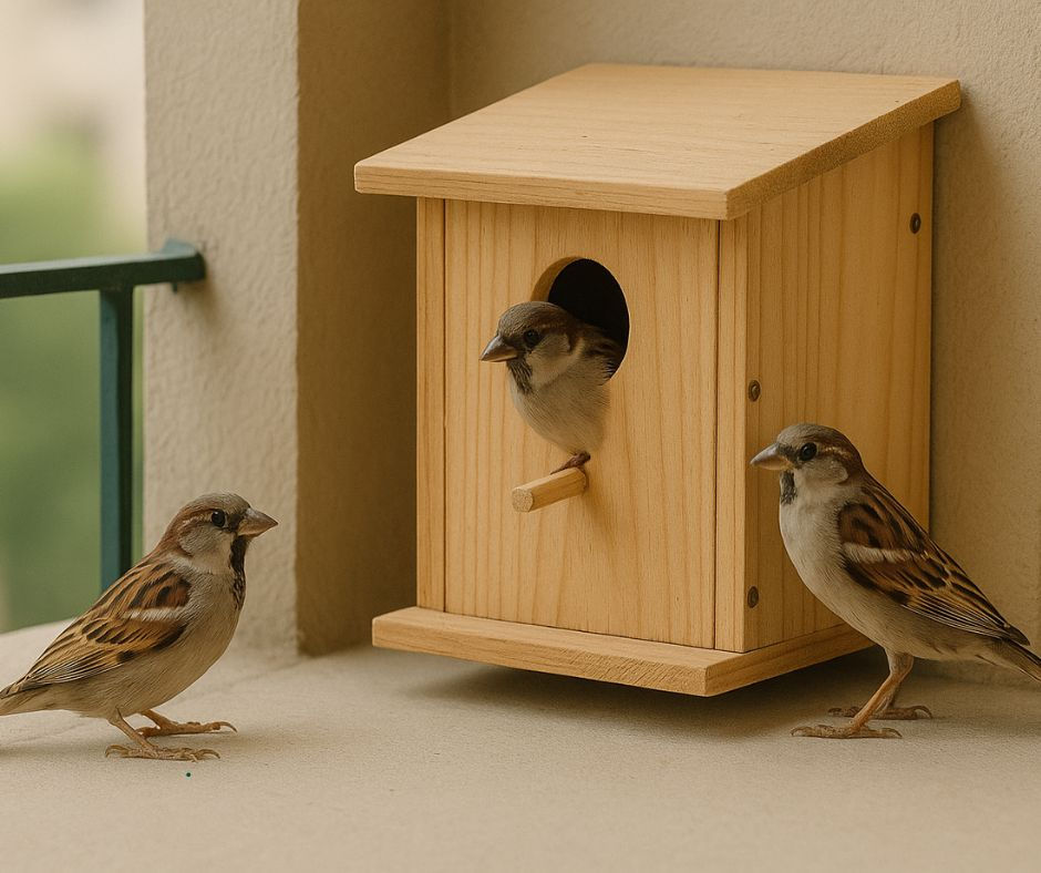 Sparrow balcony ke safe environment mein peacefully baithi hui.