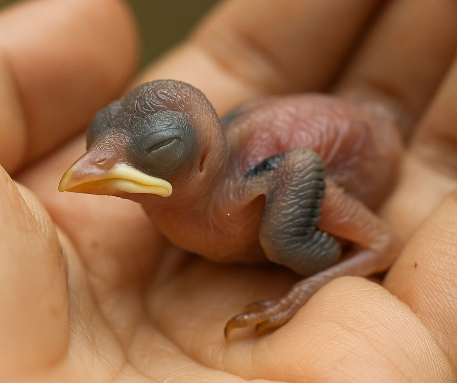 Baby bulbul chick looking weak and featherless
