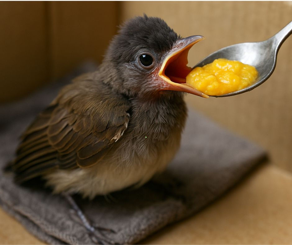Mashed banana and papaya being fed to a young bulbul.