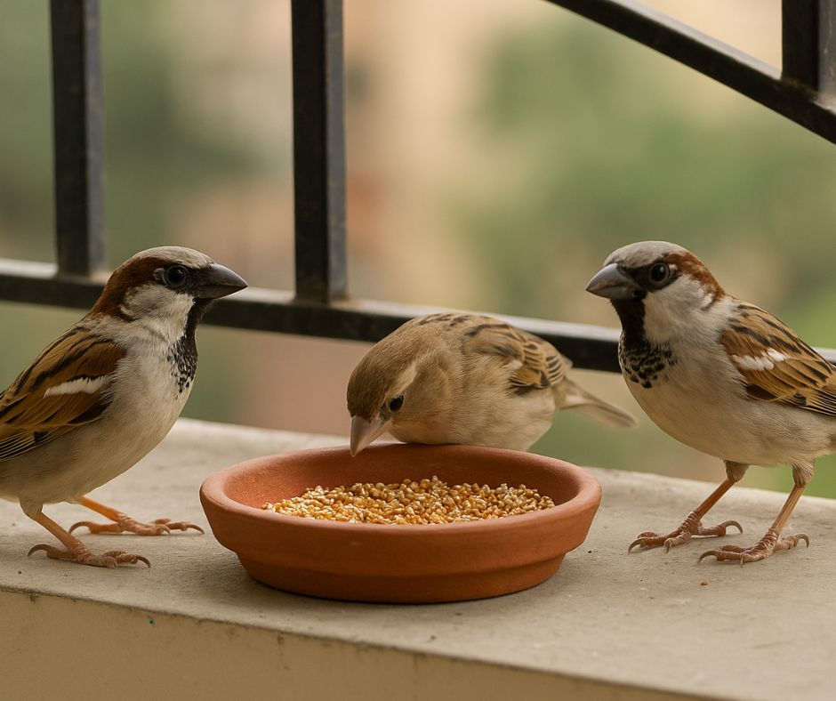 Sparrow balcony ke clay feeder se millet grains khati hui.