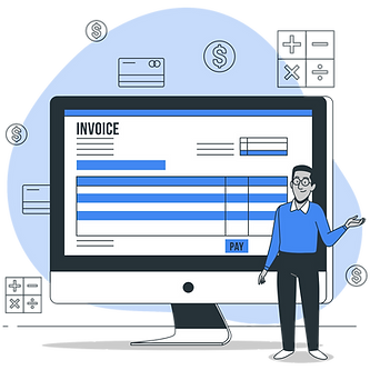 Illustration of a person standing beside a computer screen displaying an invoice, symbolising online invoicing and bookkeepin