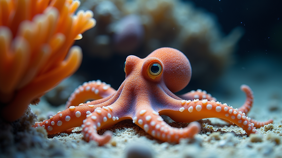 Eye-level view of an octopus camouflaging against coral