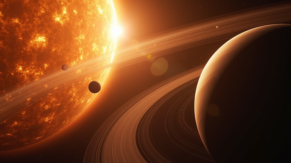 High angle view of the solar system showing planets orbiting the sun
