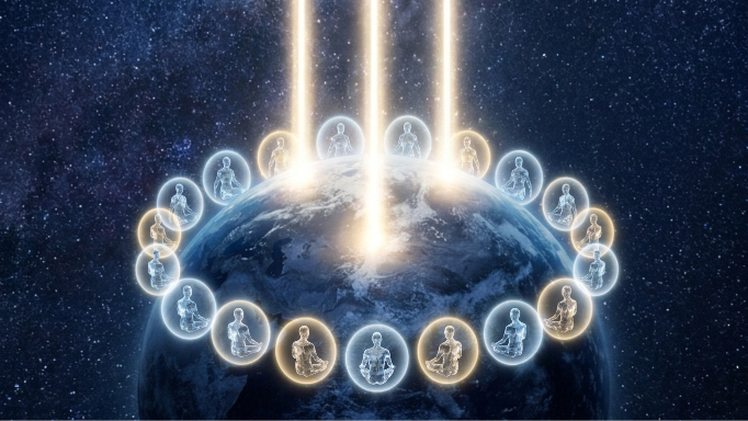 Cercle de méditants qui canalisent la lumière des hautes sphères de conscience vers Gaïa — Foundation of Light
