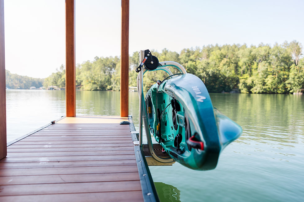 Kayak rack LakeEze Stow & Go dock accessory holding a green kayak.