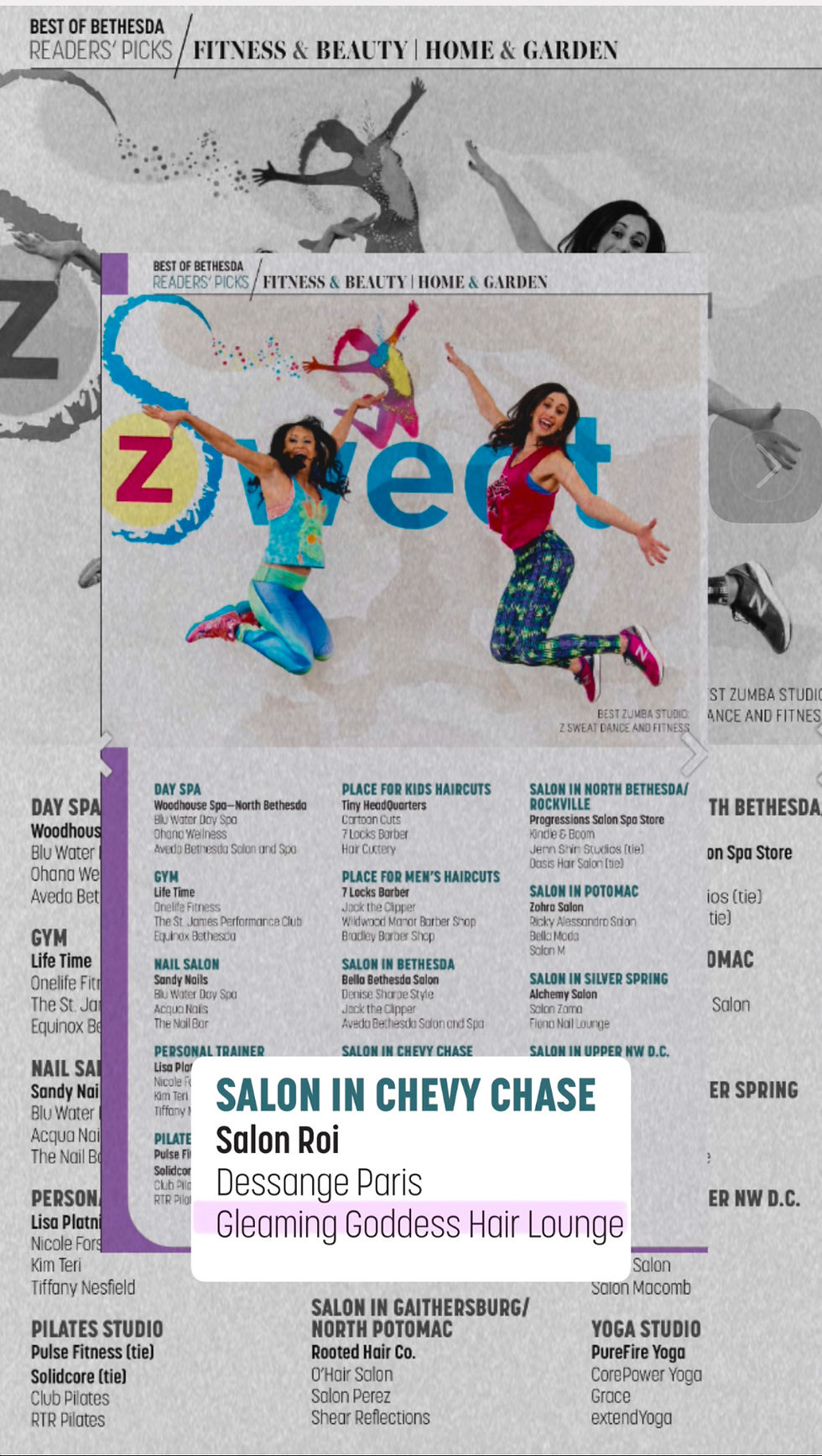 Two women jumping energetically with colorful outfits on a "Z SWEAT" magazine cover. Text highlights top salons in Chevy Chase.
