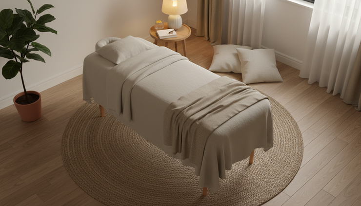 Overhead view of a quiet bedroom prepared for a massage session