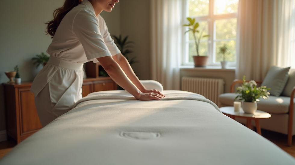 Close-up view of a massage therapist setting up a portable massage table in a cozy living room
