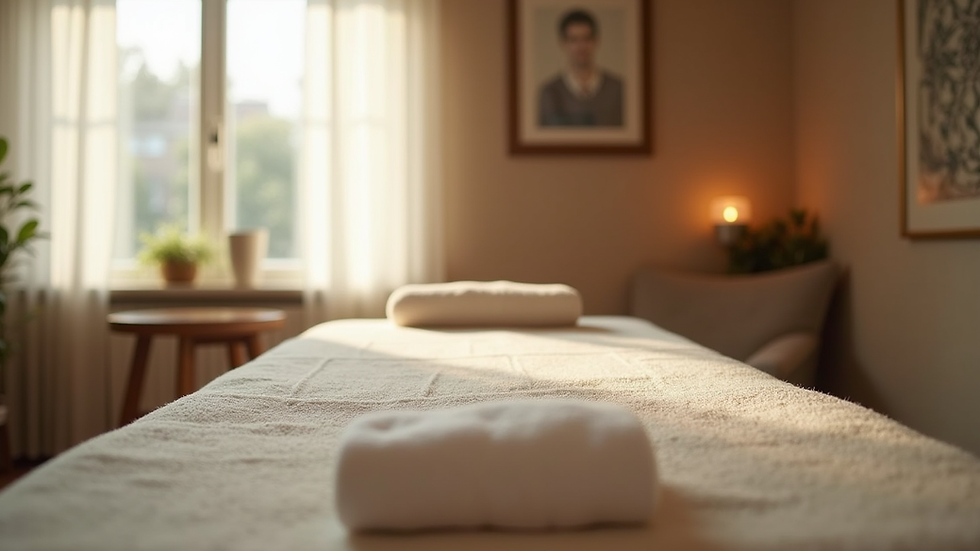 Eye-level view of a massage table set up in a cozy living room