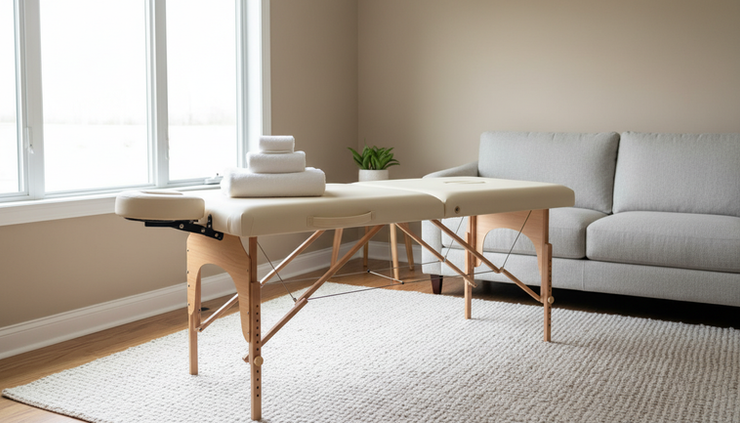 Eye-level view of a massage table prepared in a calm living room