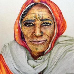Kaikini Shantala Portrait of a Rajasthani woman ( Watercolor pencil and watercolor) - Ess 