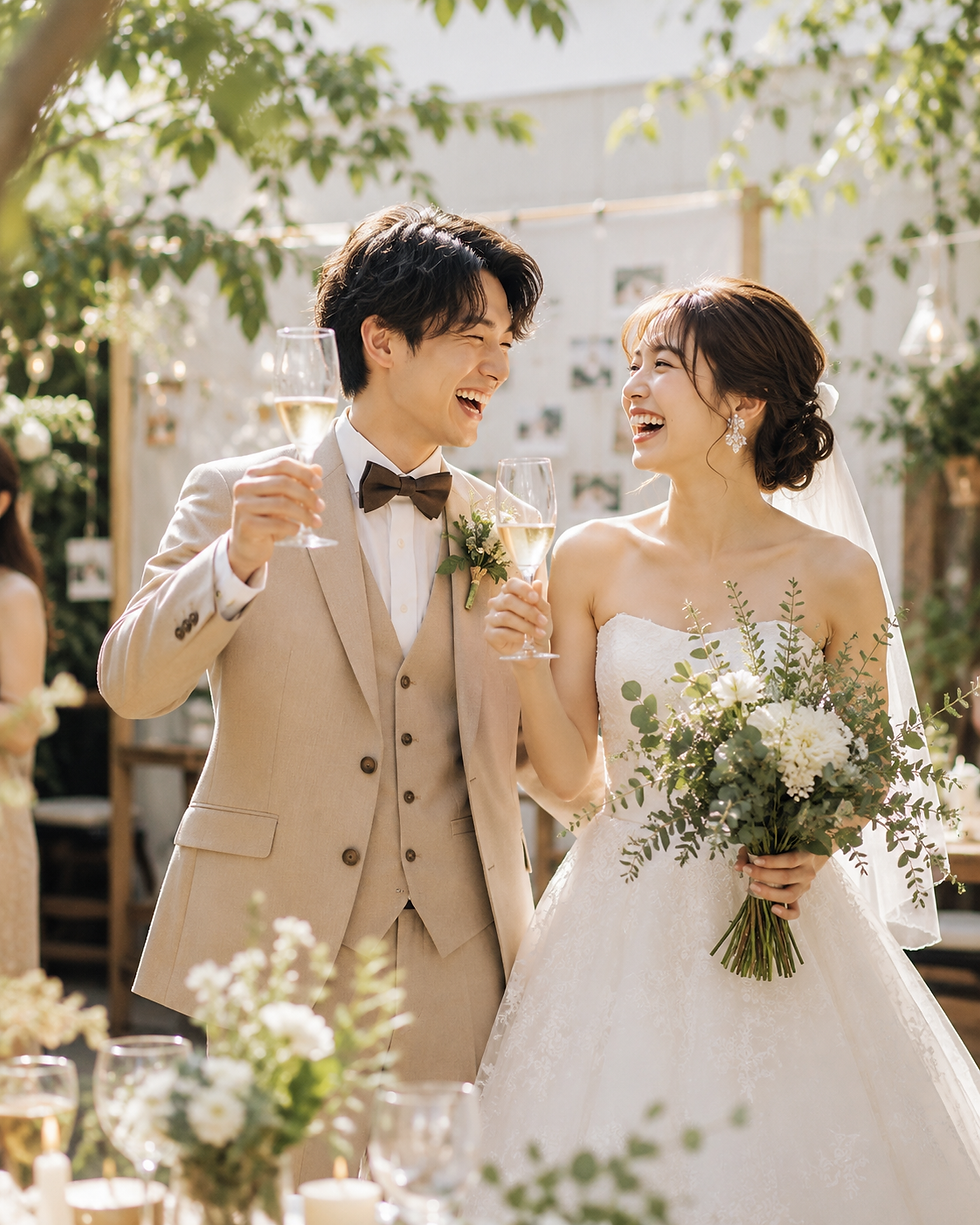 自由な結婚式でガーデンの中でラフに笑っている、ベージュのタキシードを着た新郎とブーケを片手に持っている白いウェディングドレスを着た新婦