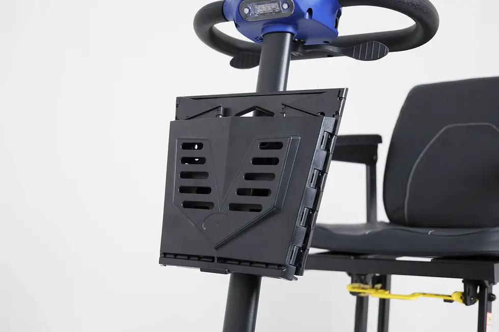 Thumbnail: Atom Fold mobility scooter control panel and foldable basket close-up