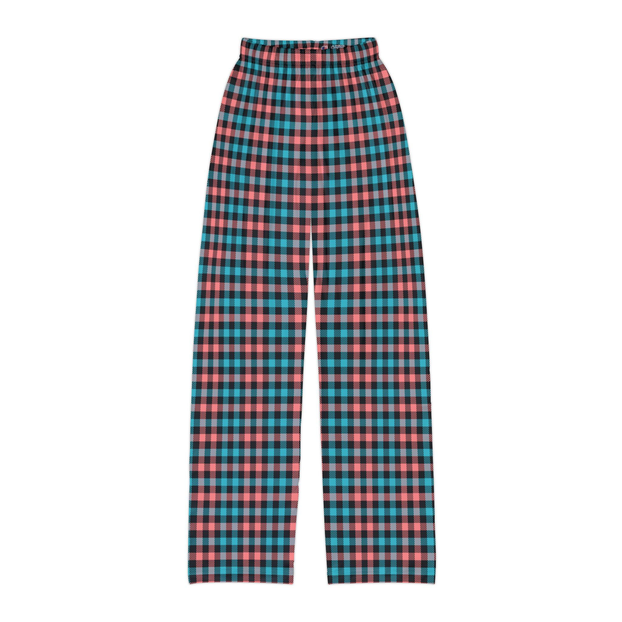 Kids Plaid Lounge Pants — Coral & Teal Checkered All-Over Print
