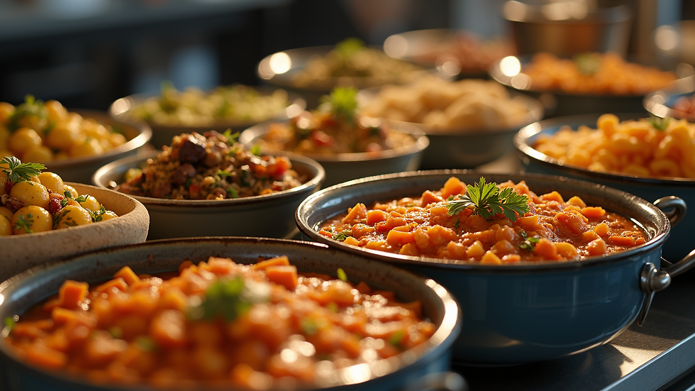 High angle view of catering setup with Caribbean dishes and branded packaging