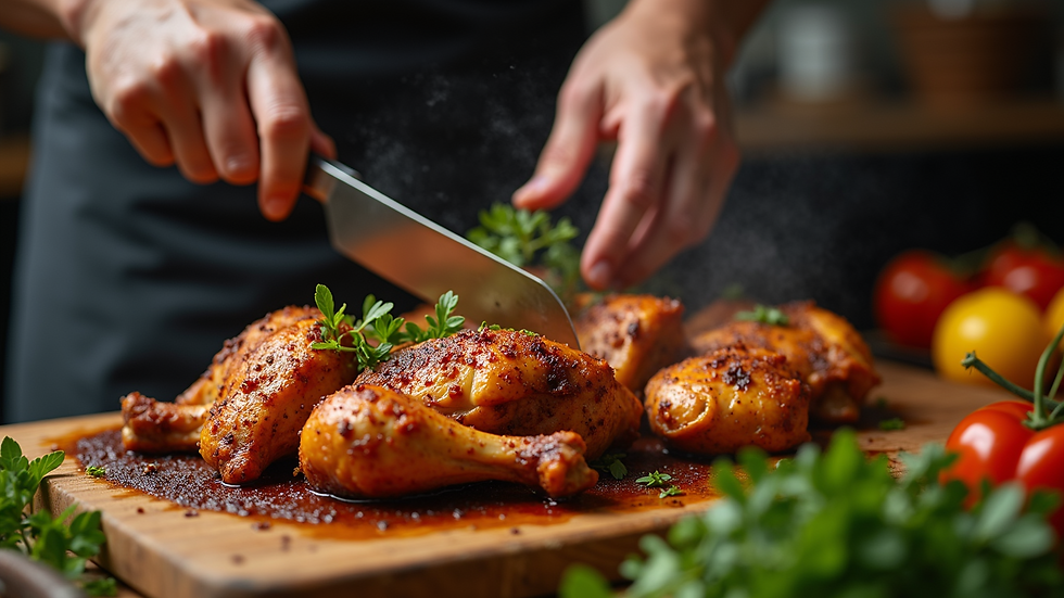 Close-up view of a chef preparing jerk chicken with traditional spices