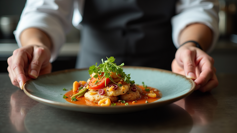 Close-up view of a chef plating a vibrant fusion dish with precision
