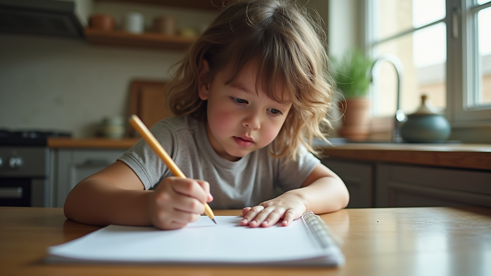 Eye-level view of a child writing in a journal at a kitchen table