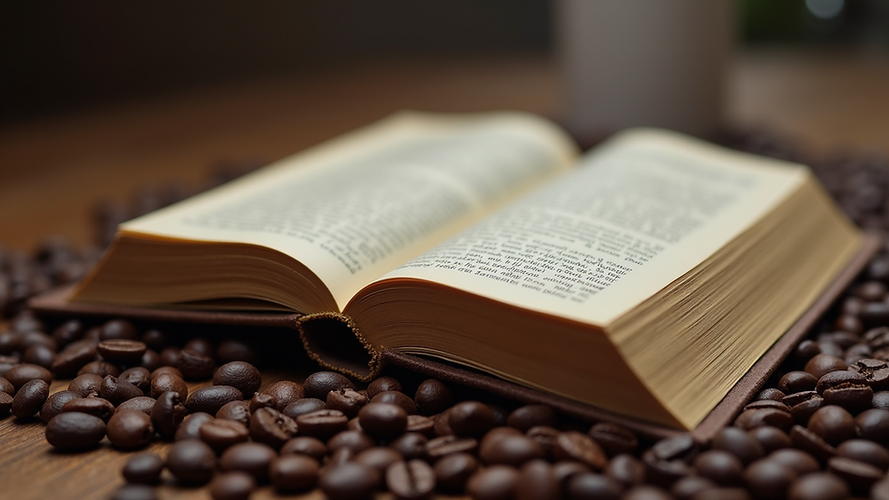 Close-up of an open book surrounded by coffee beans